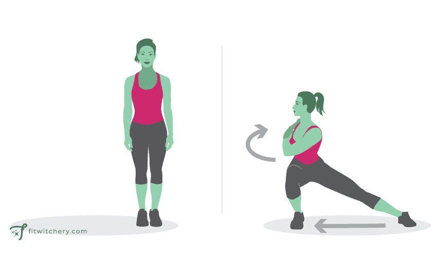 Side lunge step and twist